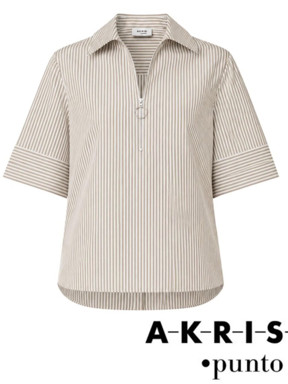 Akris Punto Striped Cotton Poplin Quarter Zip Blouse Boxy Top Size 14, MSP495